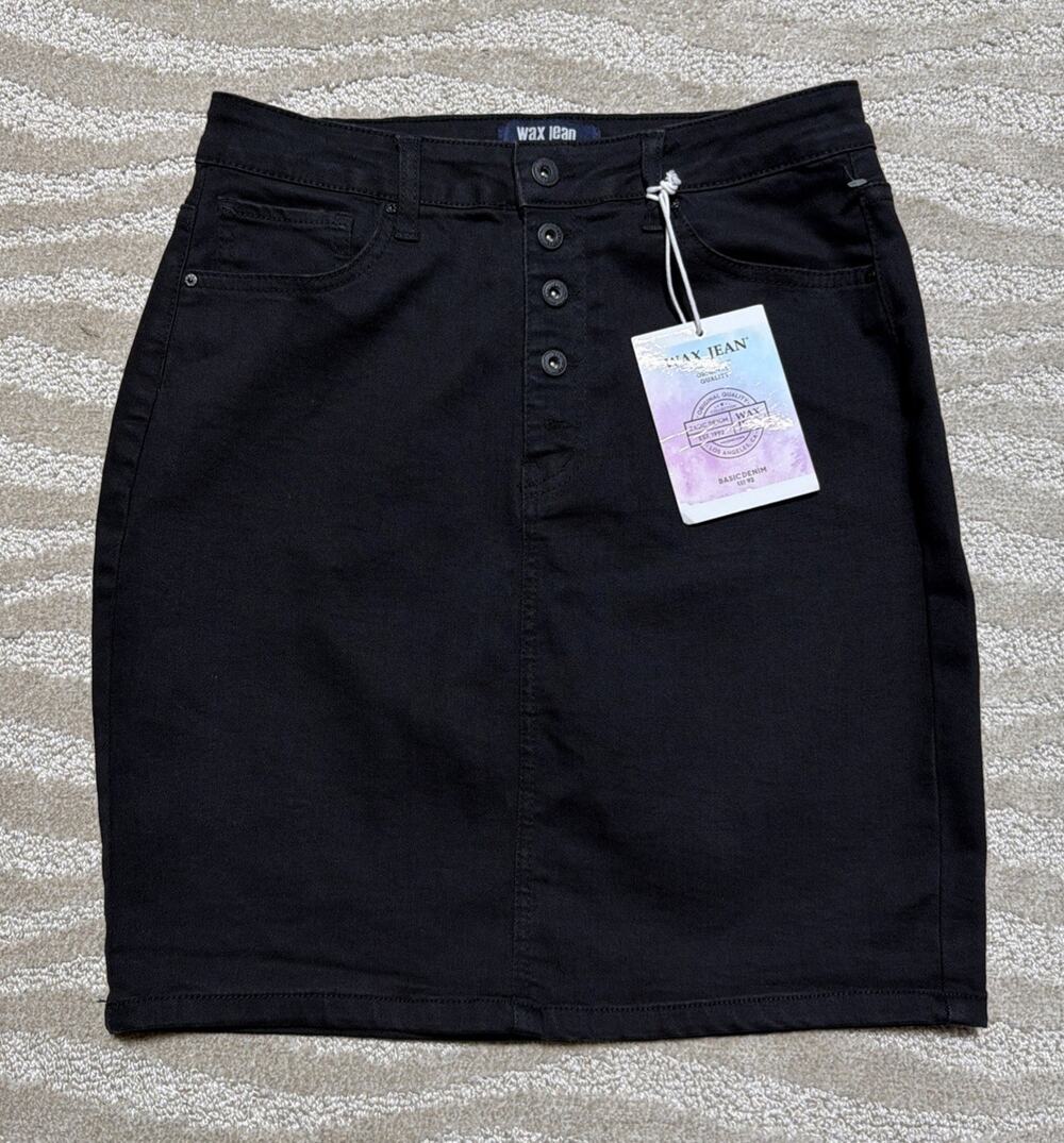 WAX Jeans Women's Size Large Stretch Midi Skirt Button Fly Black Wash NWT